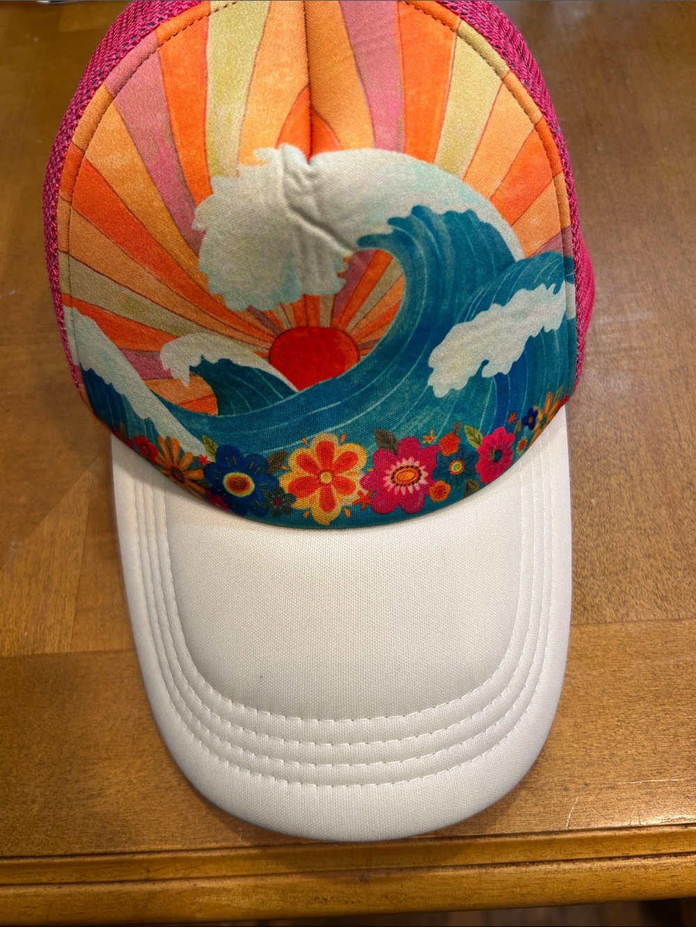 NATURAL LIFE Pink Mesh Trucker Hat with Teal Trim and Orange Front